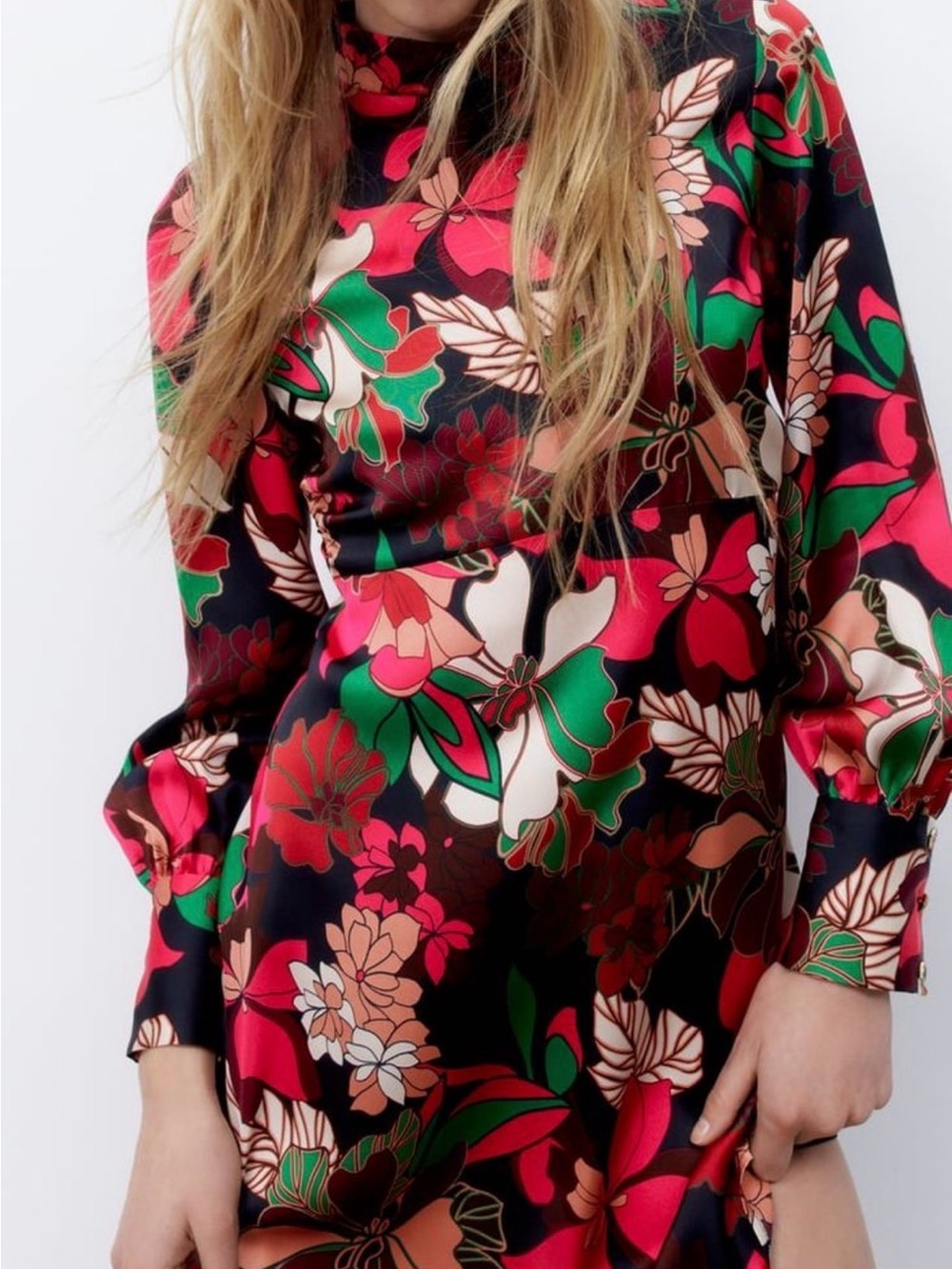 Zara Black Floral Mini Dress with Red & Green Accents